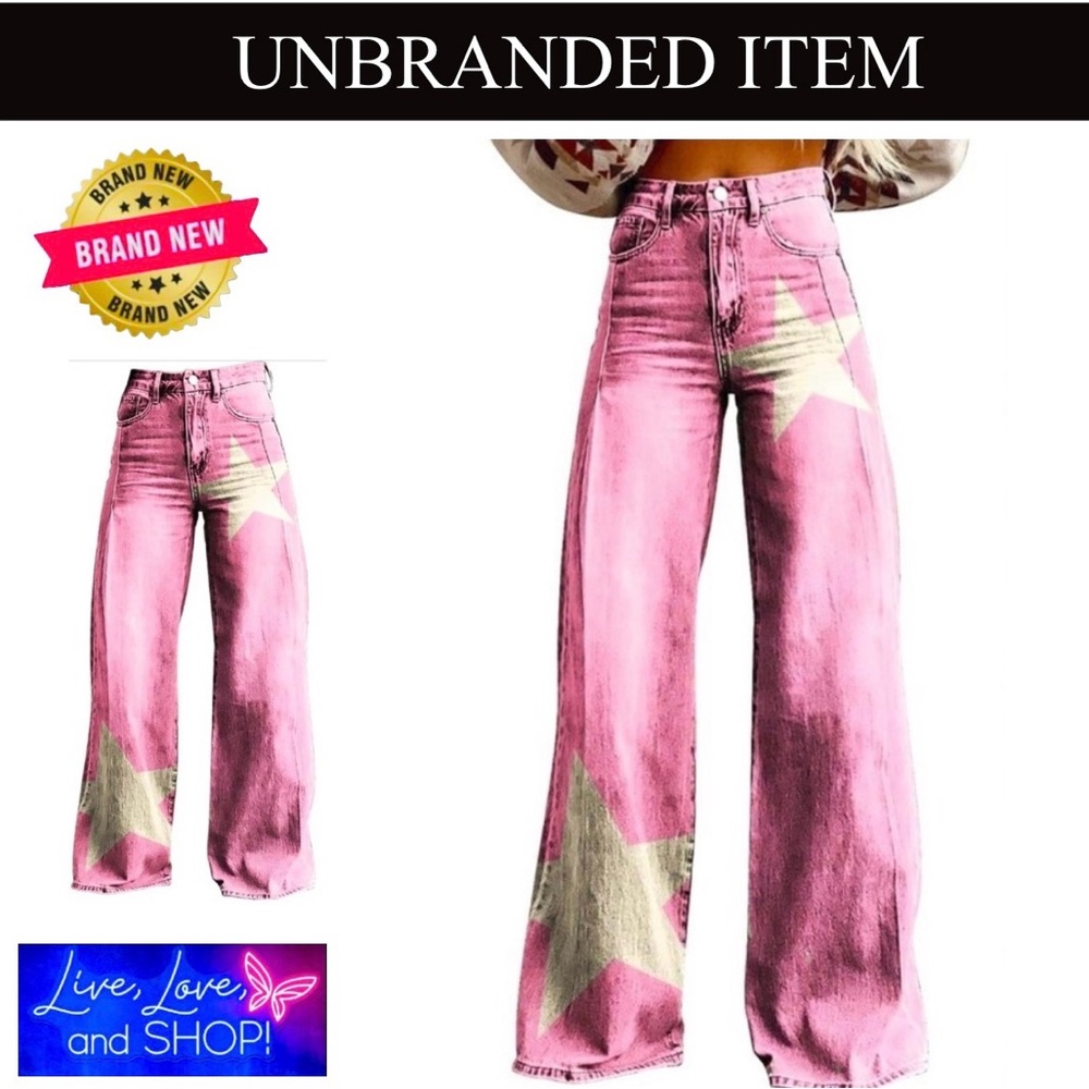 Vintage High-Waist Pink w/White Star Wide Leg Pants w/Button Detailing, NWOT